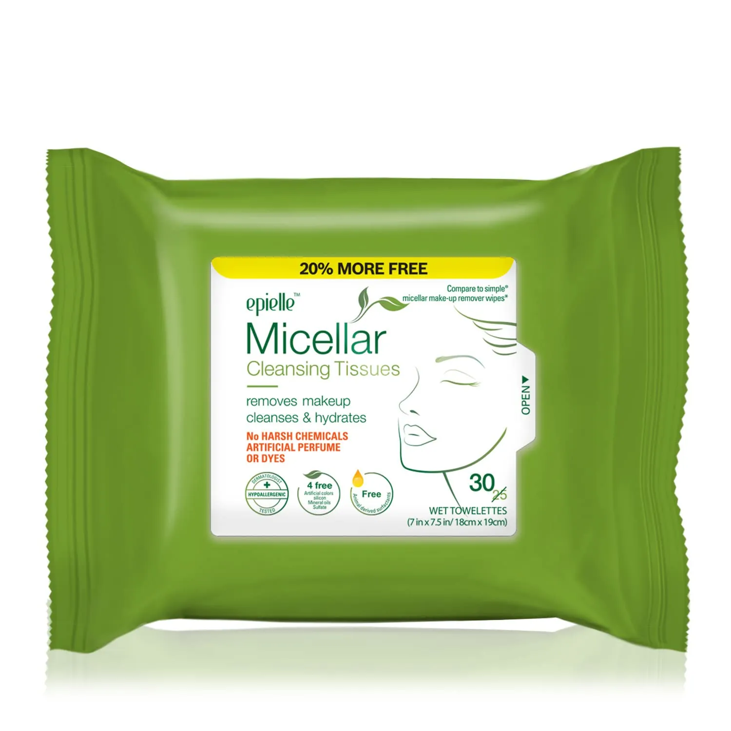 Epielle Micellar Makeup Cleansing Wipes | Gentle, Hypoallergenic, Alcohol-Free | Suitable for All Skin Types | 30 Towelettes (4-Pack) | Korean Beauty Skincare