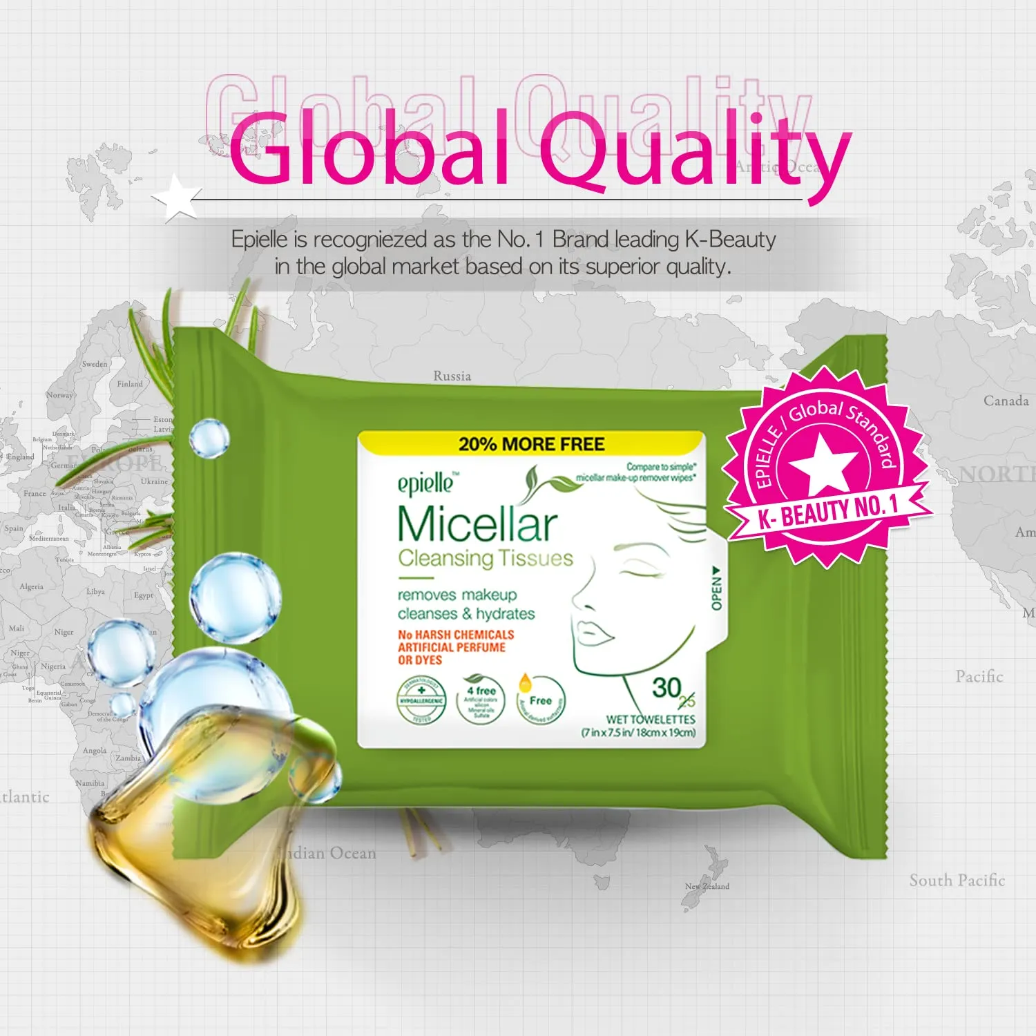 Epielle Micellar Makeup Cleansing Wipes | Gentle, Hypoallergenic, Alcohol-Free | Suitable for All Skin Types | 30 Towelettes (4-Pack) | Korean Beauty Skincare