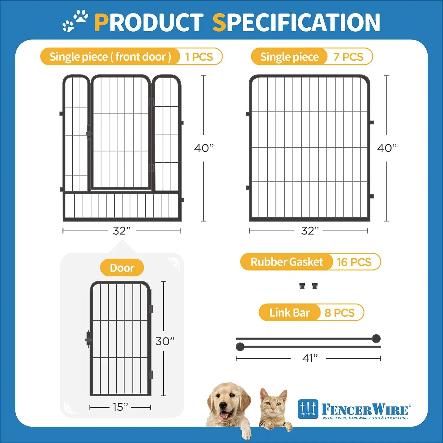 Fencer Wire Foldable Outdoor/Indoor Pet Playpen with Gate, Available in 24"/32"/40" Height Metal Portable Kennel, Heavy-Duty Exercise Fence Cage 8/16/24/32 Panels for Large/Medium/Small Dog, Animals