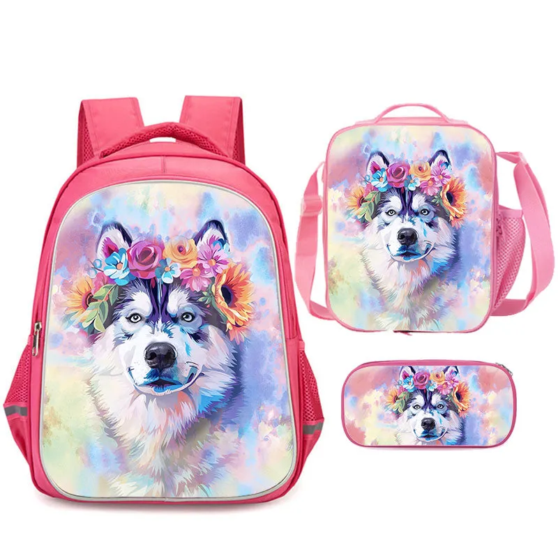 Floral Animal Backpack Set for Girls 16-inch Husky Bookbag