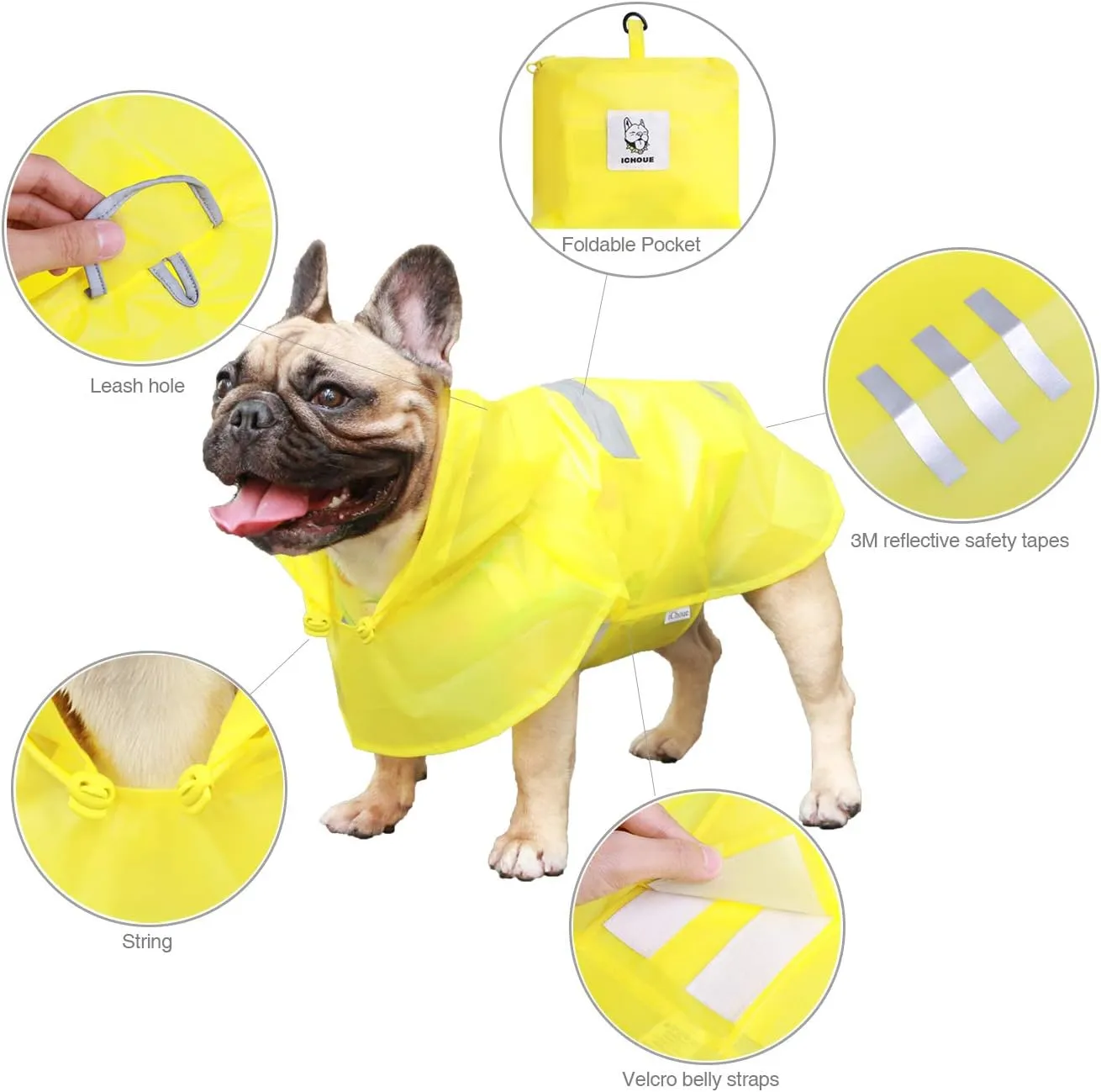 iChoue Dog Raincoats, Packable Rain Coats, Lightweight Rain Jacket with Reflective Straps, Adjustable Poncho for Medium Dog French English Bulldog Pug Terrier (Yellow, Medium)