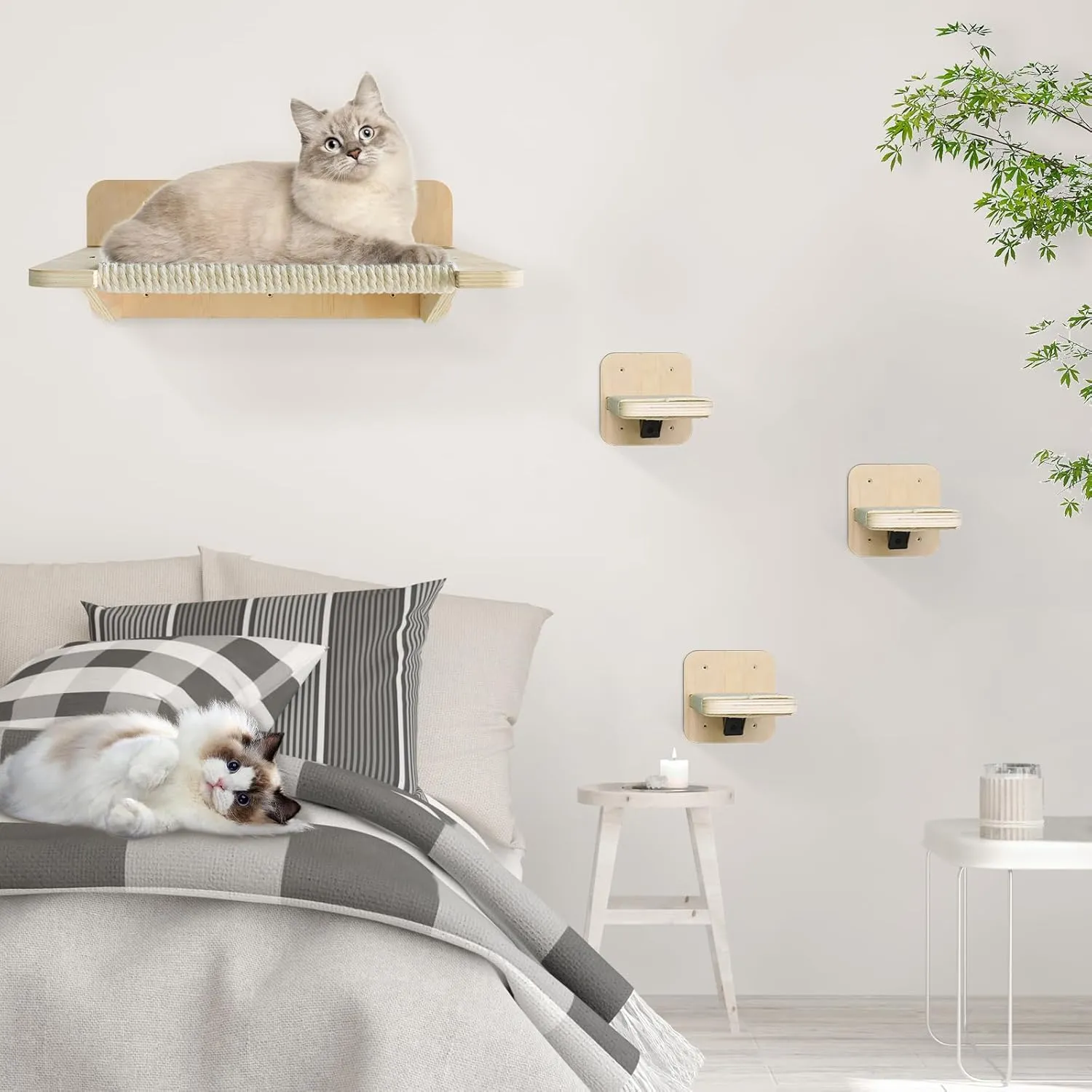 Kitty City Wall Mounted Cat Shelves with 3 Steps, Hemp Rope Scratching Posts and Perches - Indoor Cat Climbing Furniture