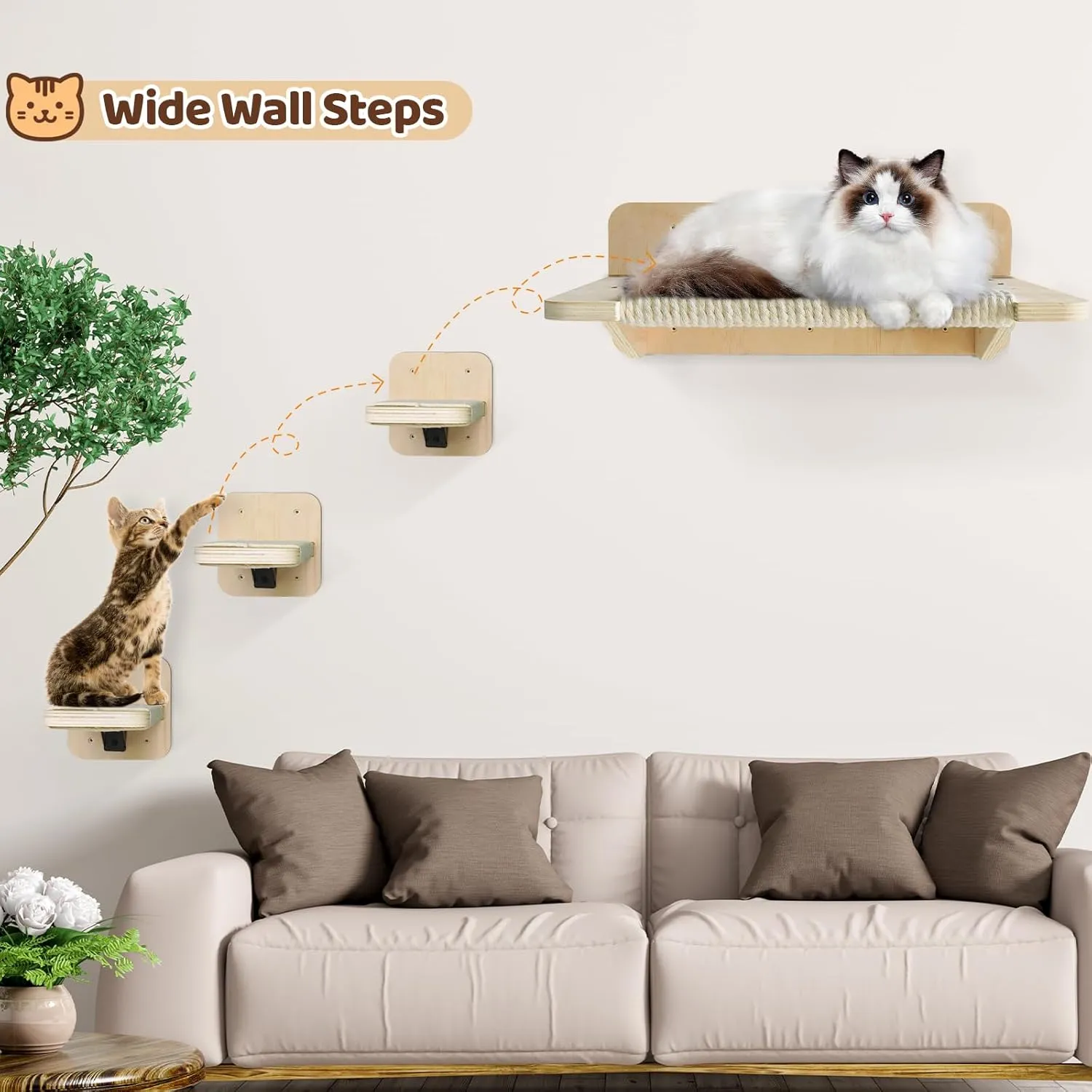 Kitty City Wall Mounted Cat Shelves with 3 Steps, Hemp Rope Scratching Posts and Perches - Indoor Cat Climbing Furniture