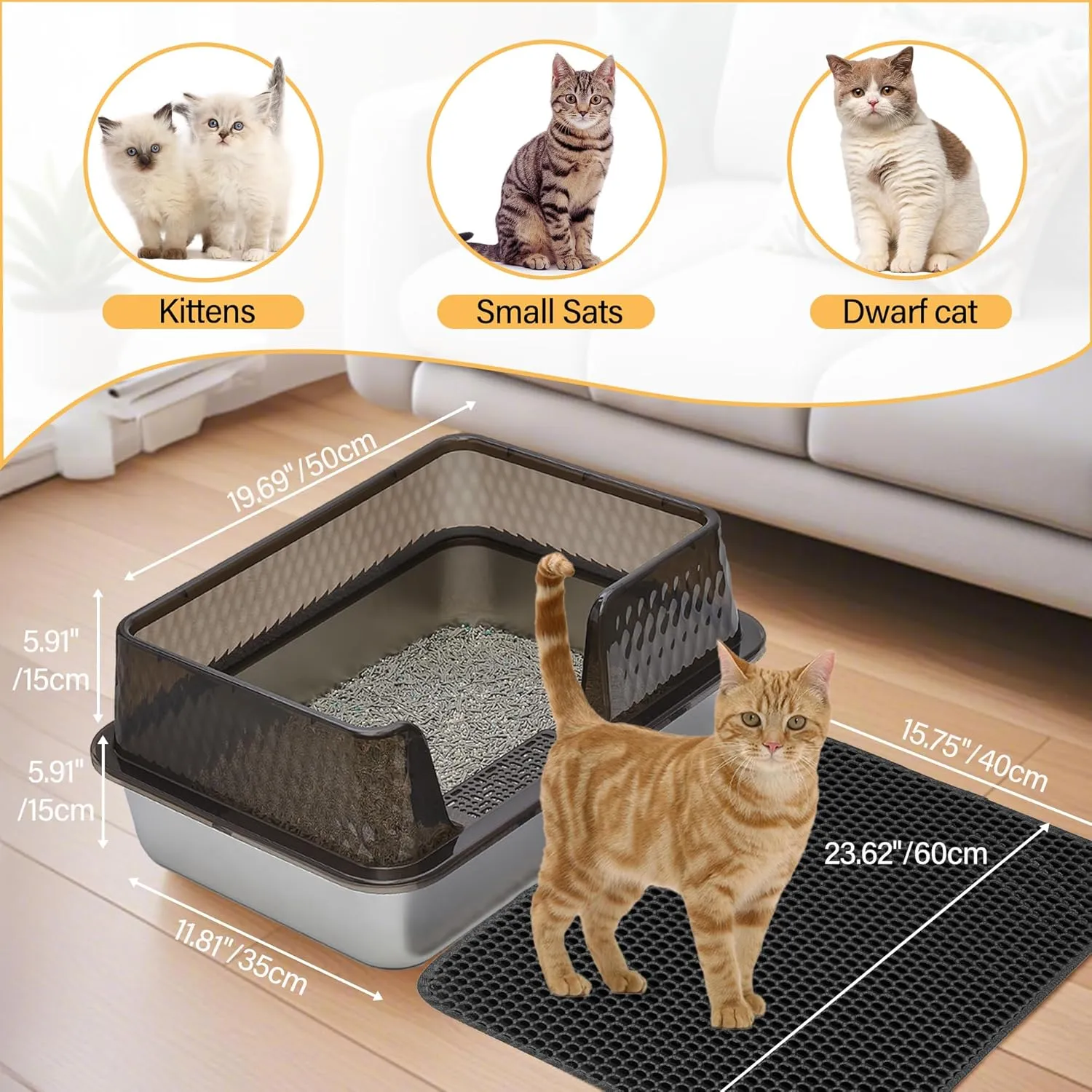 Medium Low Entry Enclosed Stainless Steel Cat Litter Box with lid Scoop and Pads Easy Clean Kitten Kitty Transparent Black Metal Litter Box