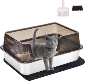Medium Low Entry Enclosed Stainless Steel Cat Litter Box with lid Scoop and Pads Easy Clean Kitten Kitty Transparent Black Metal Litter Box