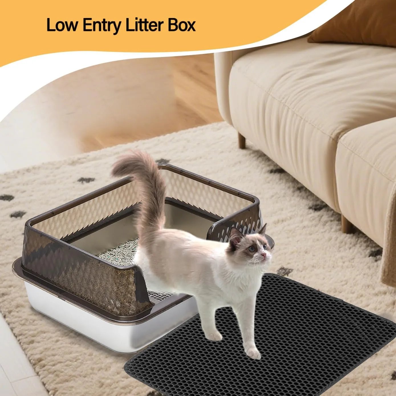 Medium Low Entry Enclosed Stainless Steel Cat Litter Box with lid Scoop and Pads Easy Clean Kitten Kitty Transparent Black Metal Litter Box