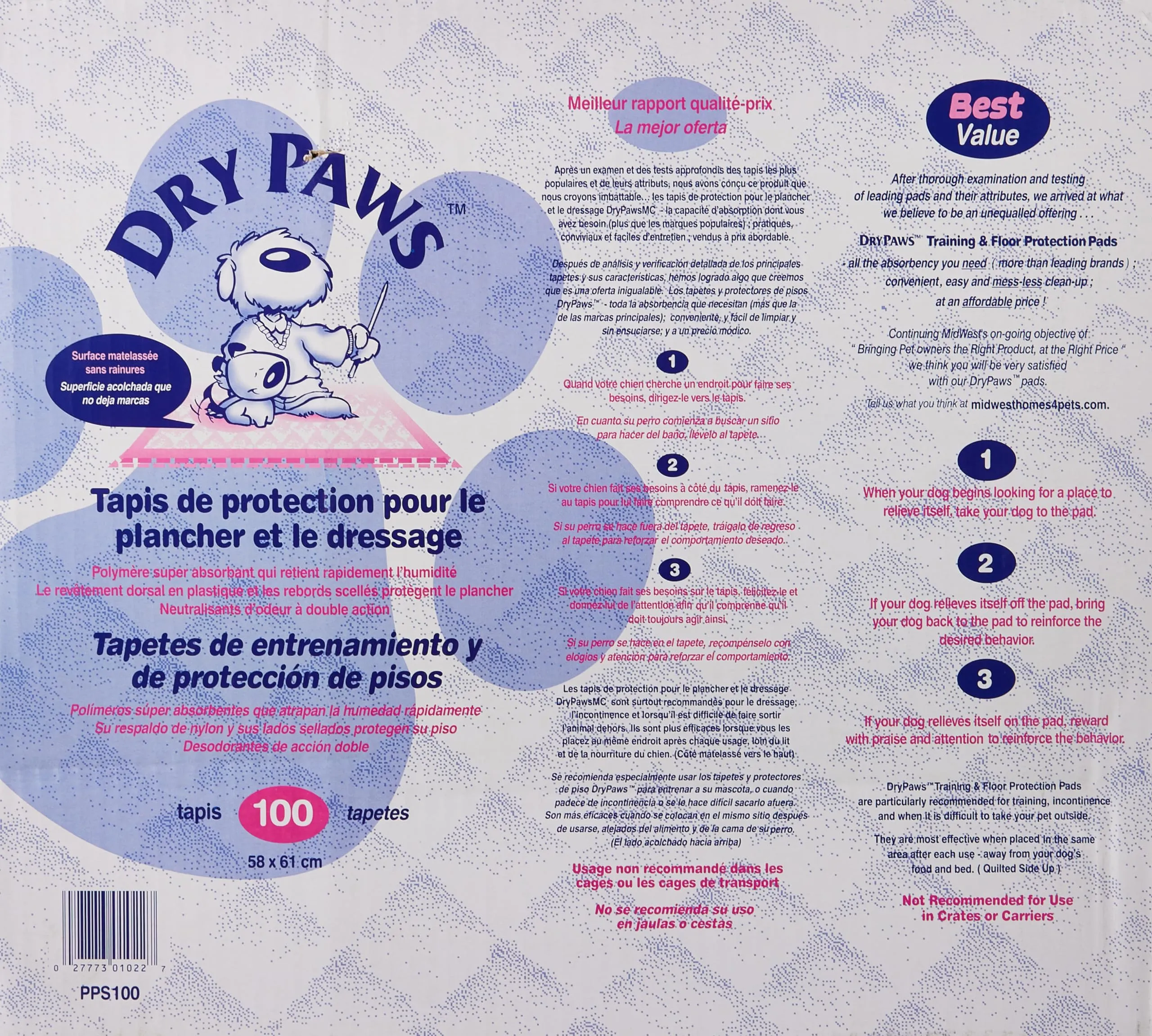 Midwest Dry Paws Absorbent and Quilted Floor and Training Dog Pads - 100 Pack - L:23" X W:24"