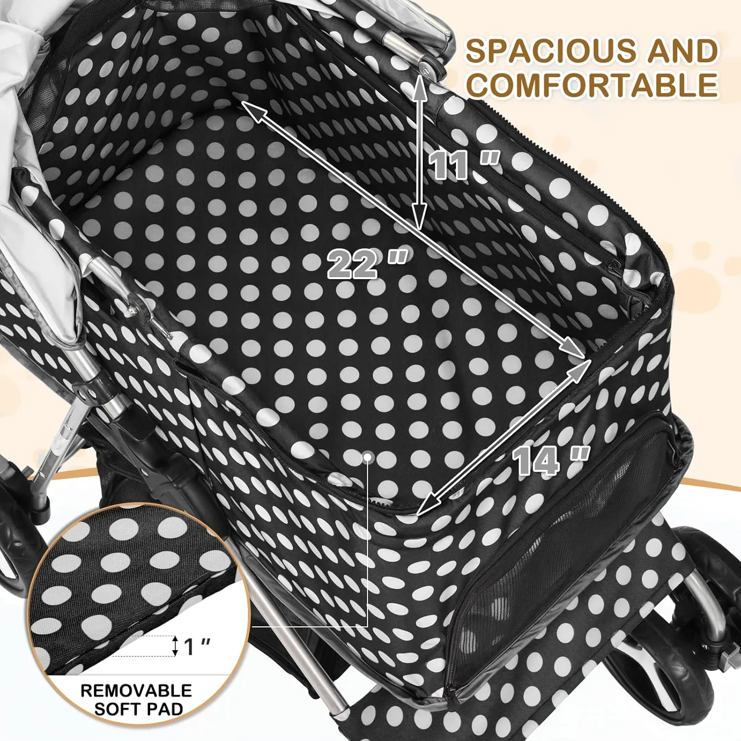 MoNiBloom 3 in 1 Foldable Pet Stroller for Small & Medium Dogs, Detachable Carrier, Car Seat, Push Button Entry, 4-Wheel Jogger for Pets up to 33 lbs, Black Polka Dots