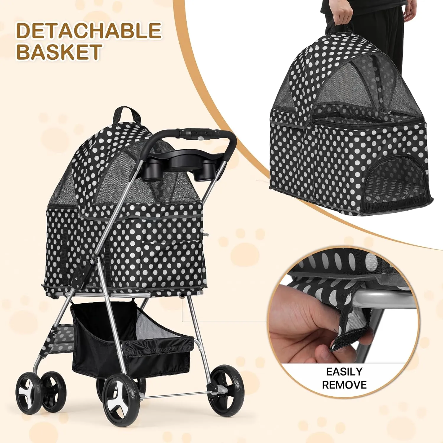 MoNiBloom 3 in 1 Foldable Pet Stroller for Small & Medium Dogs, Detachable Carrier, Car Seat, Push Button Entry, 4-Wheel Jogger for Pets up to 33 lbs, Black Polka Dots