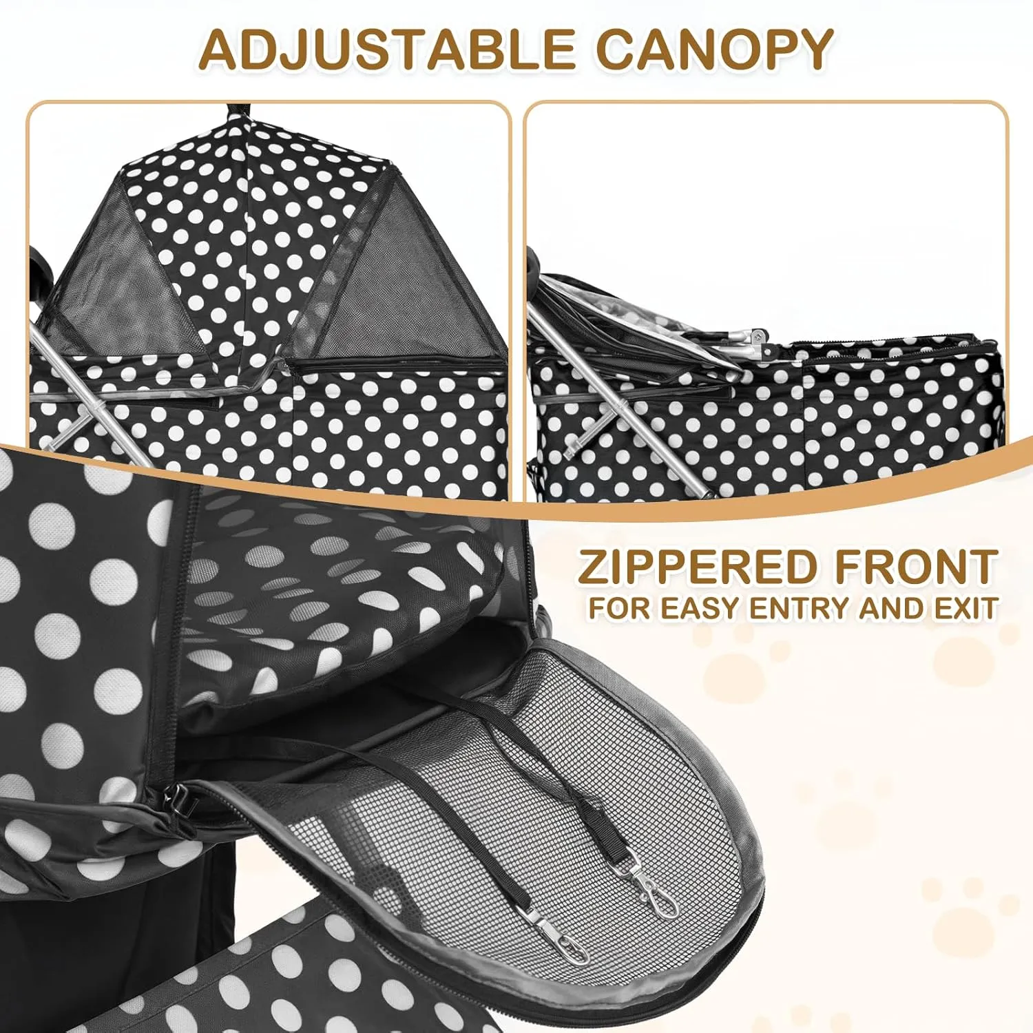 MoNiBloom 3 in 1 Foldable Pet Stroller for Small & Medium Dogs, Detachable Carrier, Car Seat, Push Button Entry, 4-Wheel Jogger for Pets up to 33 lbs, Black Polka Dots