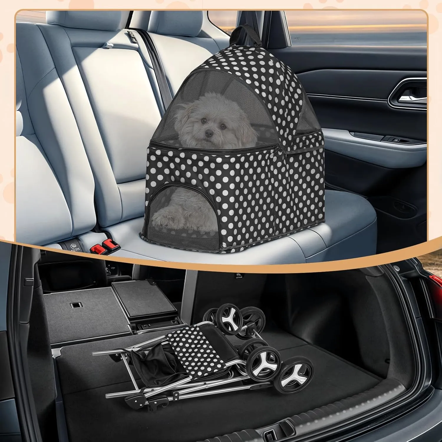 MoNiBloom 3 in 1 Foldable Pet Stroller for Small & Medium Dogs, Detachable Carrier, Car Seat, Push Button Entry, 4-Wheel Jogger for Pets up to 33 lbs, Black Polka Dots