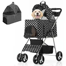 MoNiBloom 3 in 1 Foldable Pet Stroller for Small & Medium Dogs, Detachable Carrier, Car Seat, Push Button Entry, 4-Wheel Jogger for Pets up to 33 lbs, Black Polka Dots