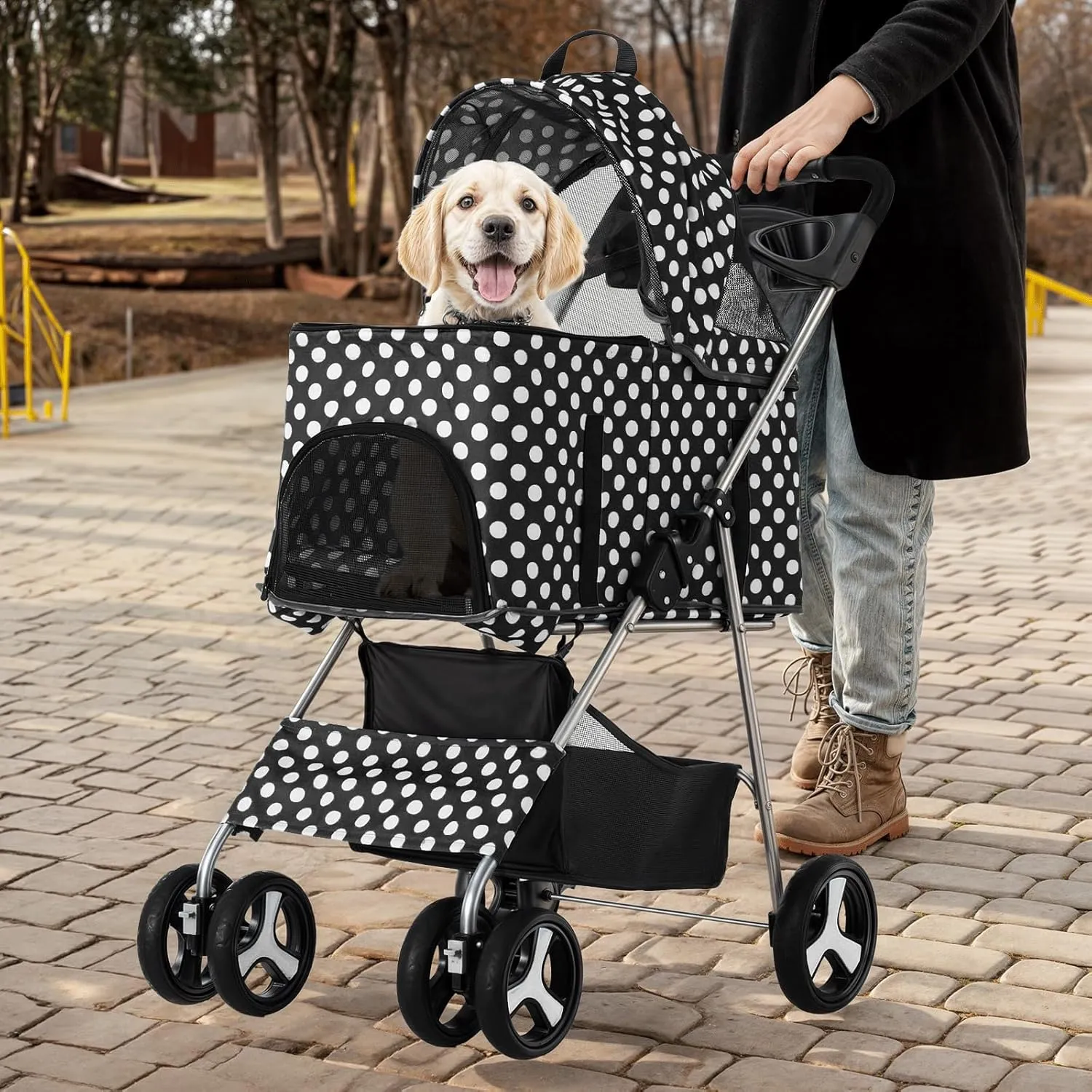 MoNiBloom 3 in 1 Foldable Pet Stroller for Small & Medium Dogs, Detachable Carrier, Car Seat, Push Button Entry, 4-Wheel Jogger for Pets up to 33 lbs, Black Polka Dots