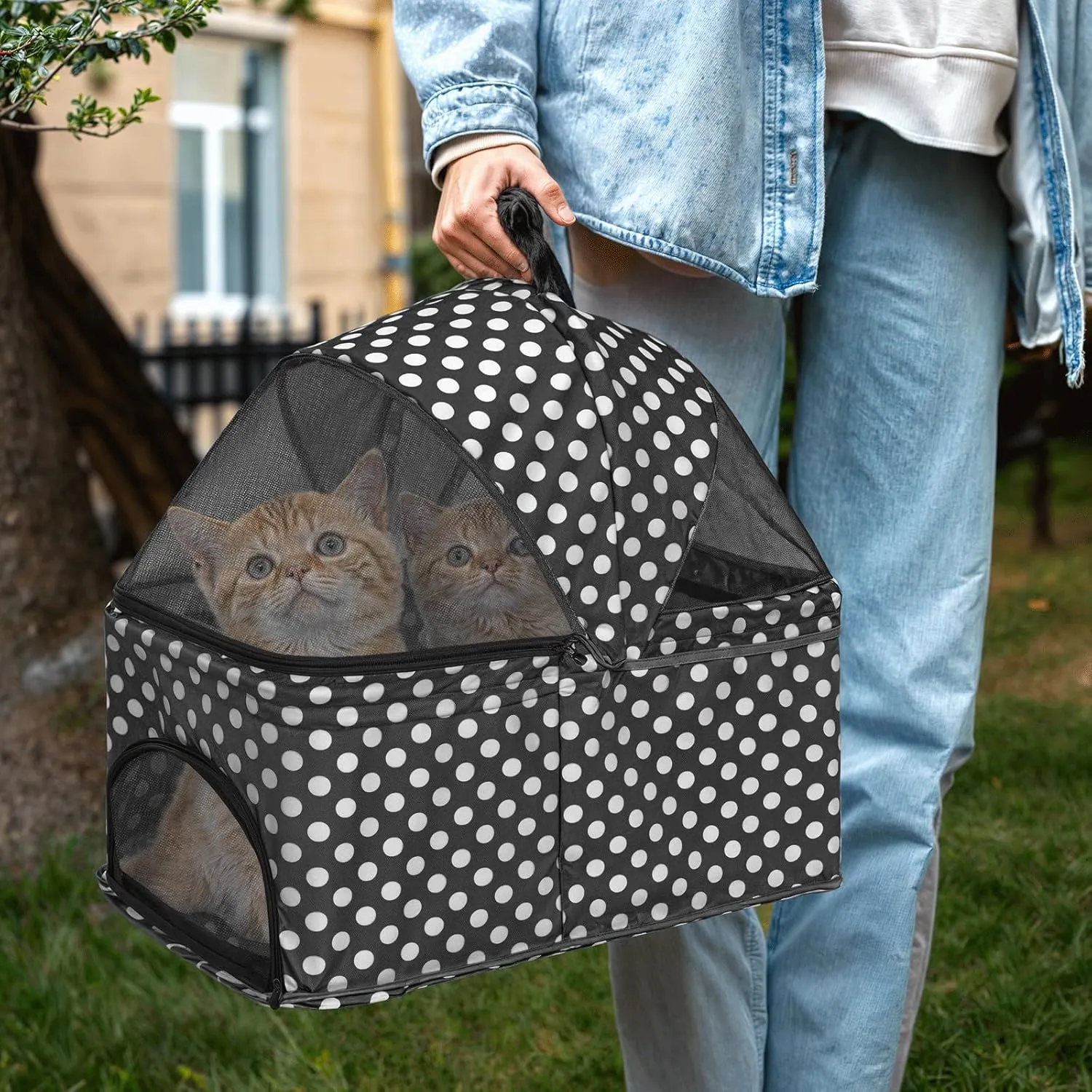 MoNiBloom 3 in 1 Foldable Pet Stroller for Small & Medium Dogs, Detachable Carrier, Car Seat, Push Button Entry, 4-Wheel Jogger for Pets up to 33 lbs, Black Polka Dots