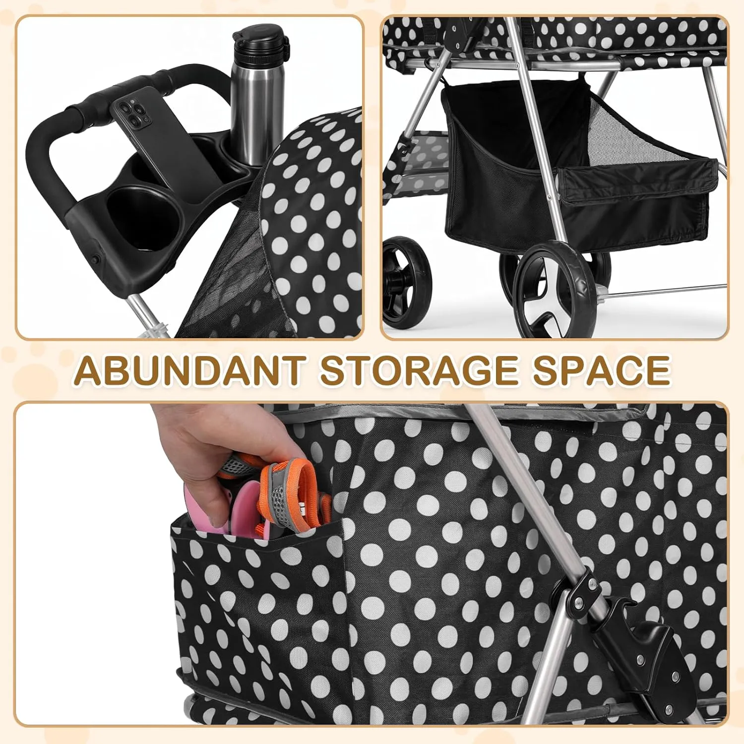 MoNiBloom 3 in 1 Foldable Pet Stroller for Small & Medium Dogs, Detachable Carrier, Car Seat, Push Button Entry, 4-Wheel Jogger for Pets up to 33 lbs, Black Polka Dots
