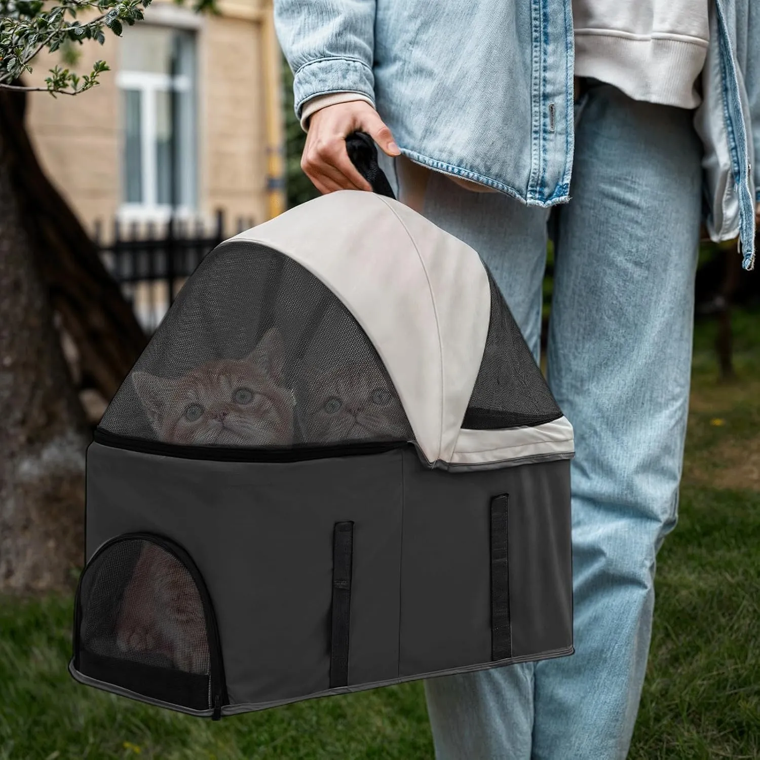 MoNiBloom 3 in 1 Foldable Pet Stroller for Small & Medium Dogs, Detachable Carrier, Car Seat, Push Button Entry, 4-Wheel Jogger for Pets up to 33 lbs, Black