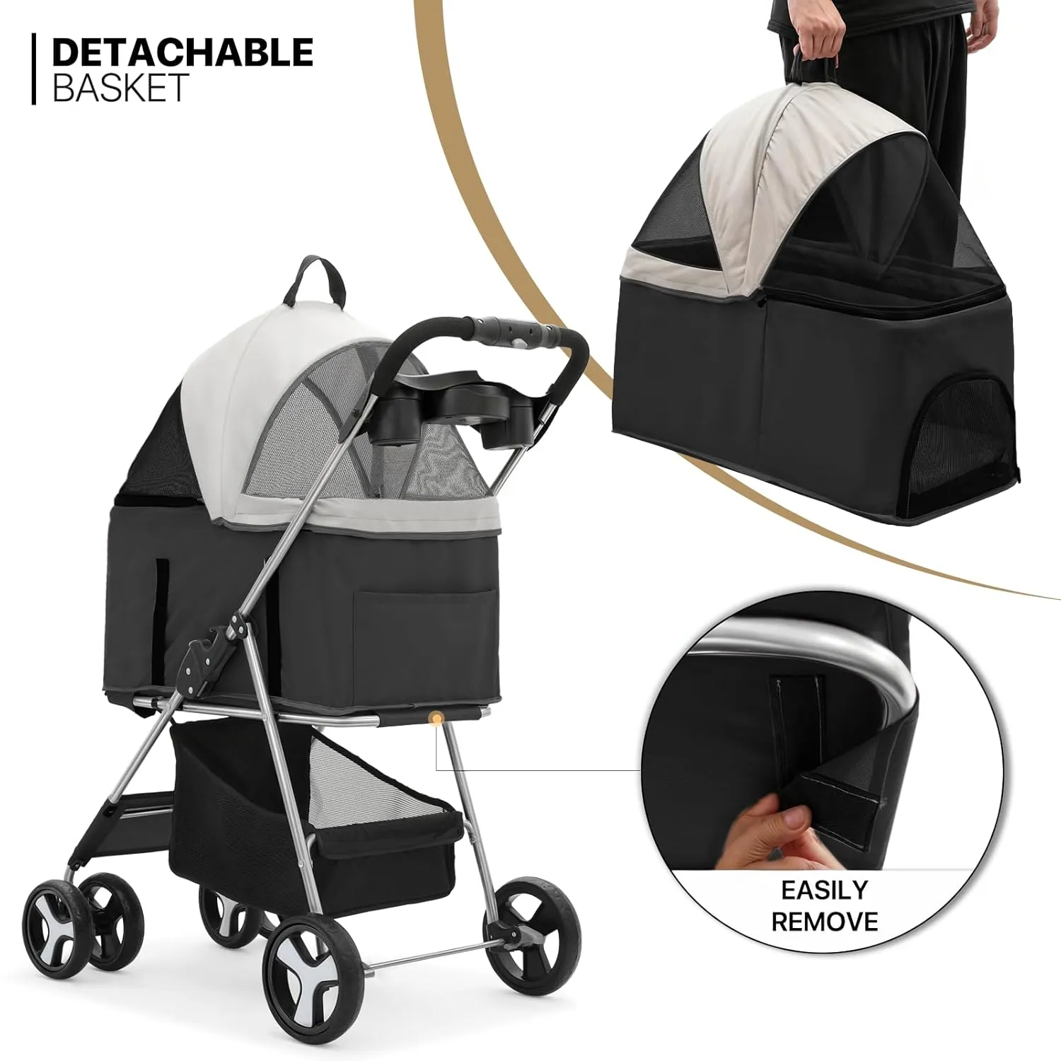 MoNiBloom 3 in 1 Foldable Pet Stroller for Small & Medium Dogs, Detachable Carrier, Car Seat, Push Button Entry, 4-Wheel Jogger for Pets up to 33 lbs, Black