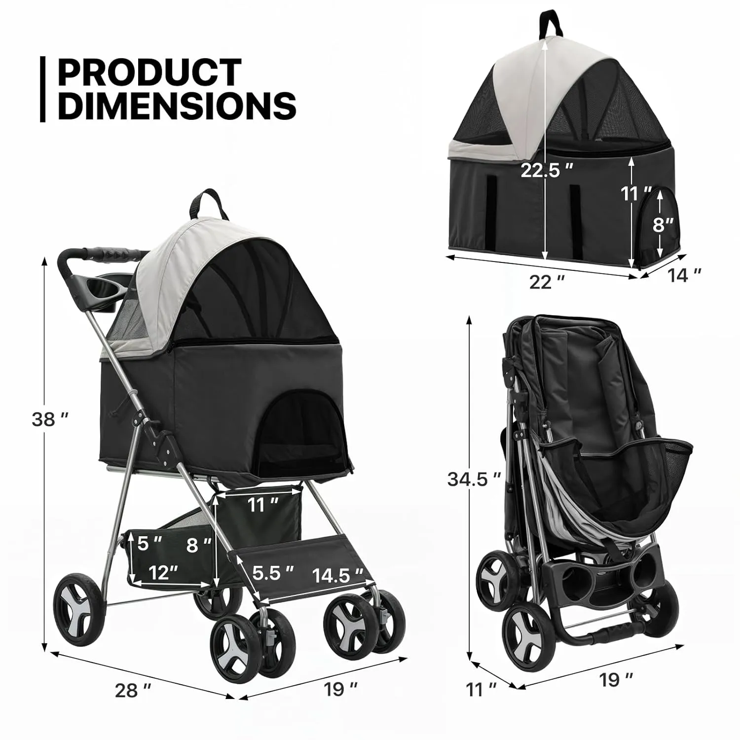 MoNiBloom 3 in 1 Foldable Pet Stroller for Small & Medium Dogs, Detachable Carrier, Car Seat, Push Button Entry, 4-Wheel Jogger for Pets up to 33 lbs, Black