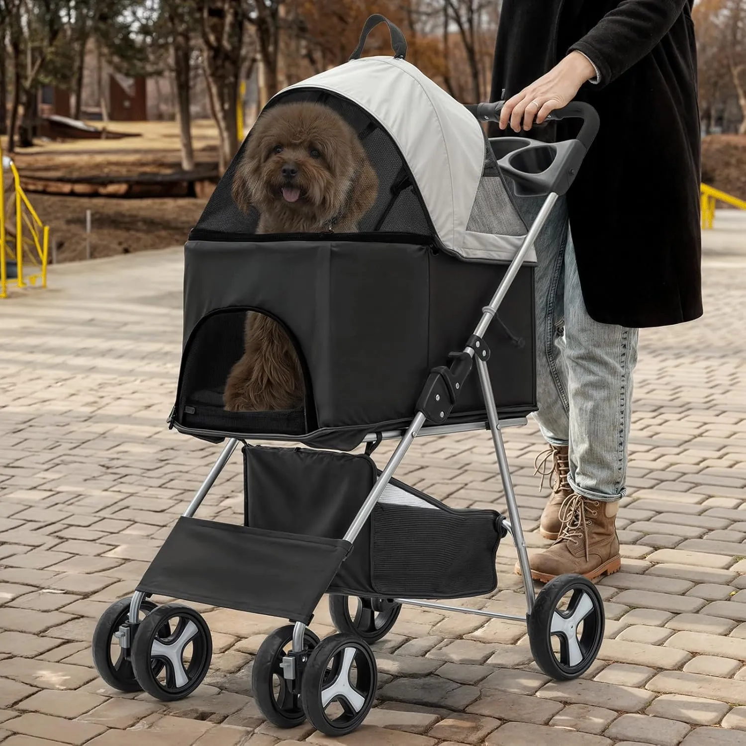 MoNiBloom 3 in 1 Foldable Pet Stroller for Small & Medium Dogs, Detachable Carrier, Car Seat, Push Button Entry, 4-Wheel Jogger for Pets up to 33 lbs, Black