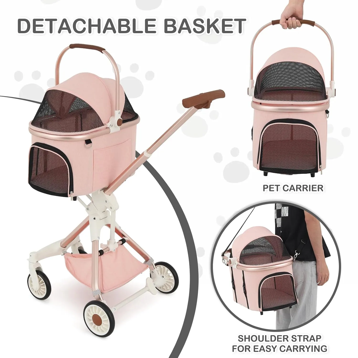 MoNiBloom 3 in 1 Pet Stroller with Adjustable Handle, Jogging Stroller w/Detachable Carrier & Lightweight Aluminum Frame for Dogs Cats, Soft Pink