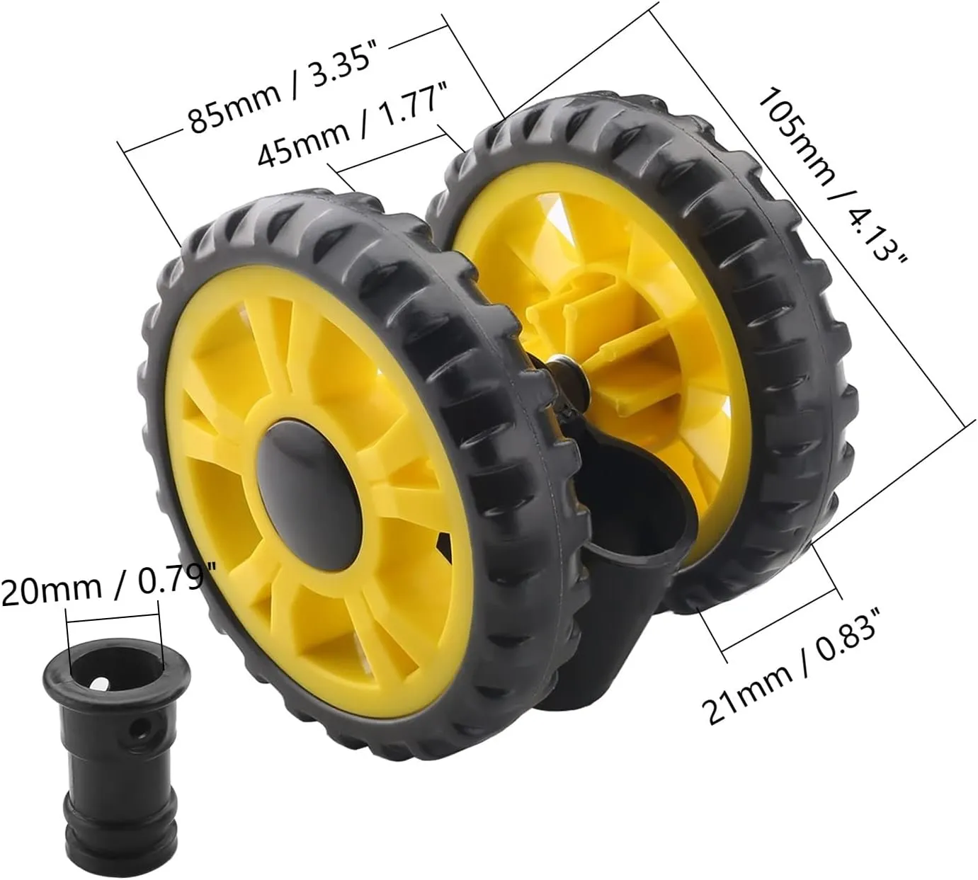 MroMax 1Pc 4.13 Inch Stroller Wheel Set, 105mm x 21mm Swivel Wheel, for 19mm Circular Pipes, Plastic Swivel Wheel Replacement for Stroller and Pet Stroller Black&Yellow