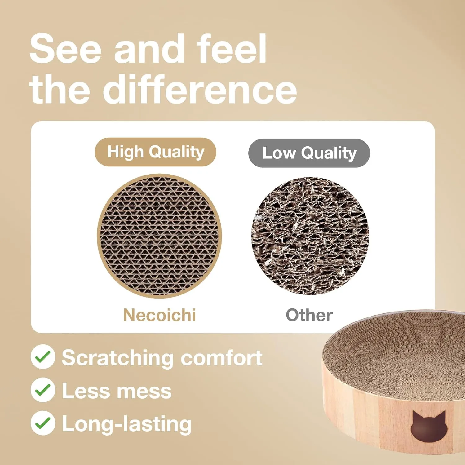Necoichi Cat Scratcher Bowl for Indoor Cats - Cat Scratching Lounger with Reversible Usability and Extra Comfort for Lounge, Cardboard Bed Couch / (XL, Oak)