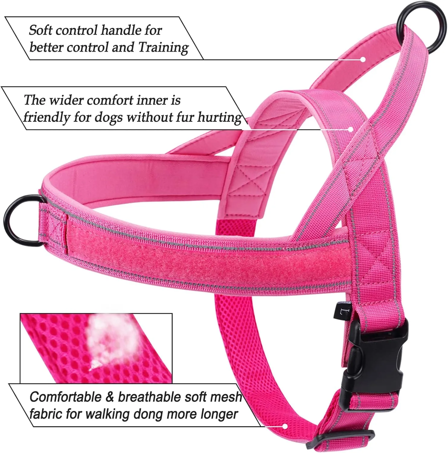 No Pull Dog Harness - Medium/Large, Reflective, Adjustable, Pink
