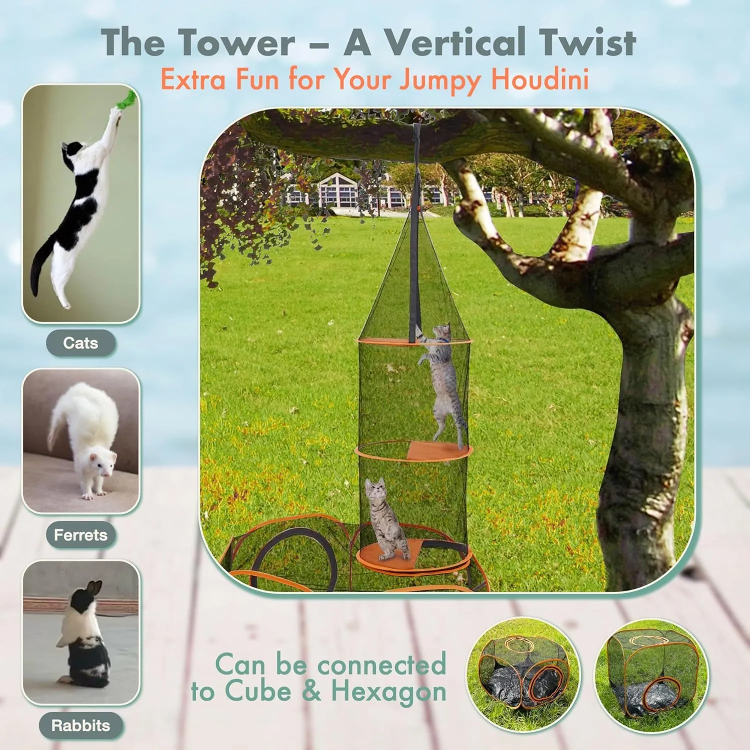 Outdoor Indoor Cat Tent Playpen Hexagon & Tower, Easy Assembly Pop-Up Pet Toy, Portable Foldable Soft Enclosure for Kitty Puppy Rabbit Small Animals, Collapsible Expandable Pen for Customizable Mazes