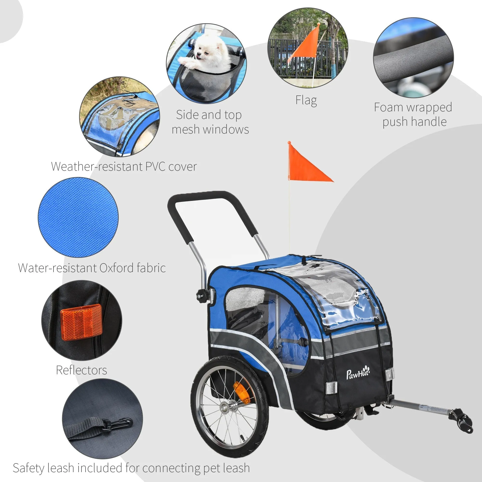 PawHut 2-in-1 Dog Bike Trailer Pet Stroller Carrier Pushchair Reflector Flag 130x58x94cm