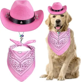 Pet Cowboy Hat Bandana Costume, Funny Dog Cat Costume Accessories Set West Cowboy Accessories for Mexican Birthday and Holiday Party Daily WearingPink