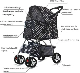 Pet Stroller 4 Wheels, Foldable Cat Dog Cage Stroller Travel Carrier Strolling Cart with Cup Holder & Storage Basket Doggie Strollers (Black&White)