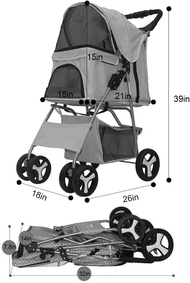 Pet Stroller 4 Wheels, Foldable Cat Dog Cage Stroller Travel Carrier Strolling Cart with Cup Holder & Storage Basket Doggie Strollers (Black&White)