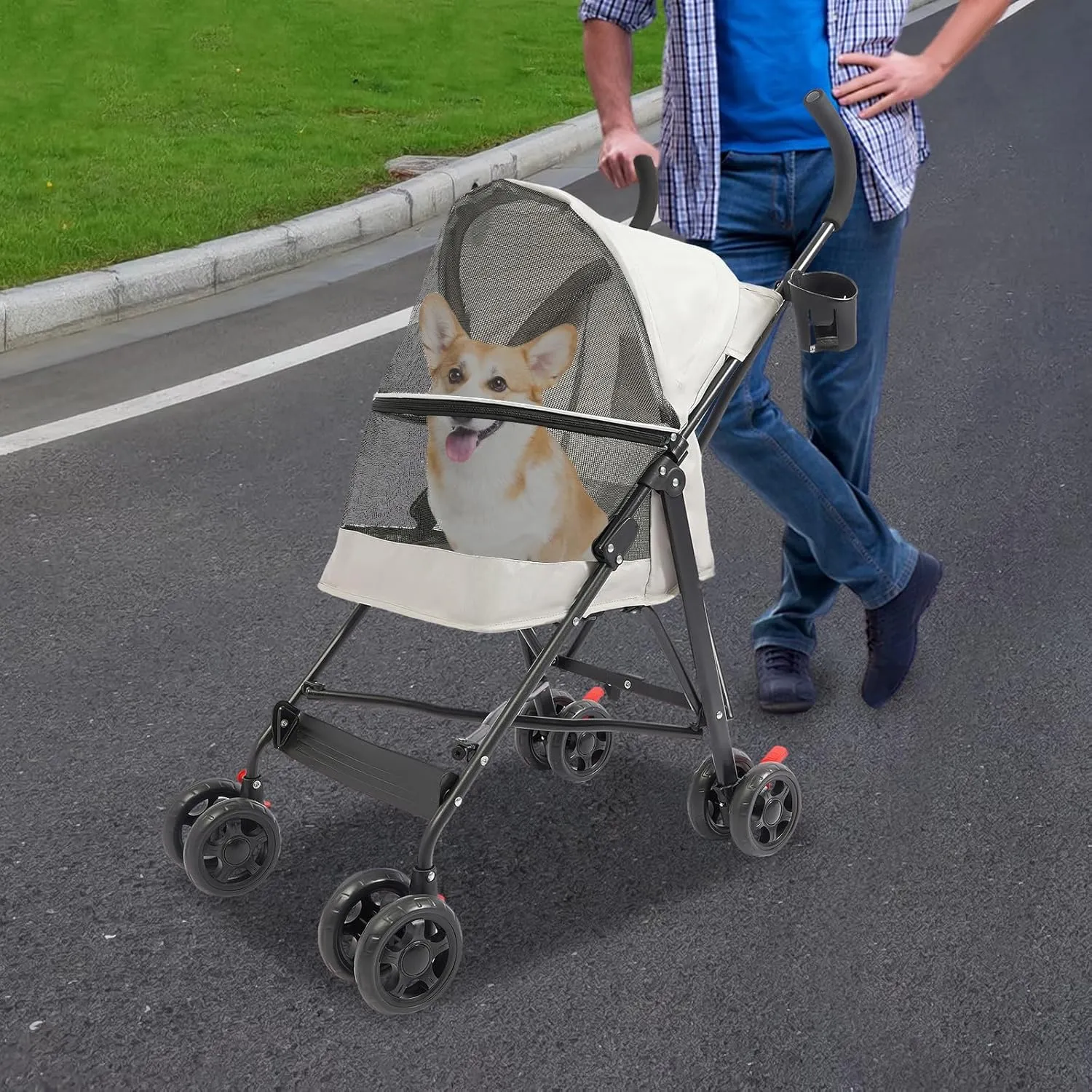 Pet Travel Stroller, Pet Stroller with 4 Wheels, Foldable Pet Travel Carrier, Large Wheels for Small & Medium-Sized Dogs Cats Up to 22 lbs, with Cup Holder & Rear Pocket, Easy Fold (Gray)