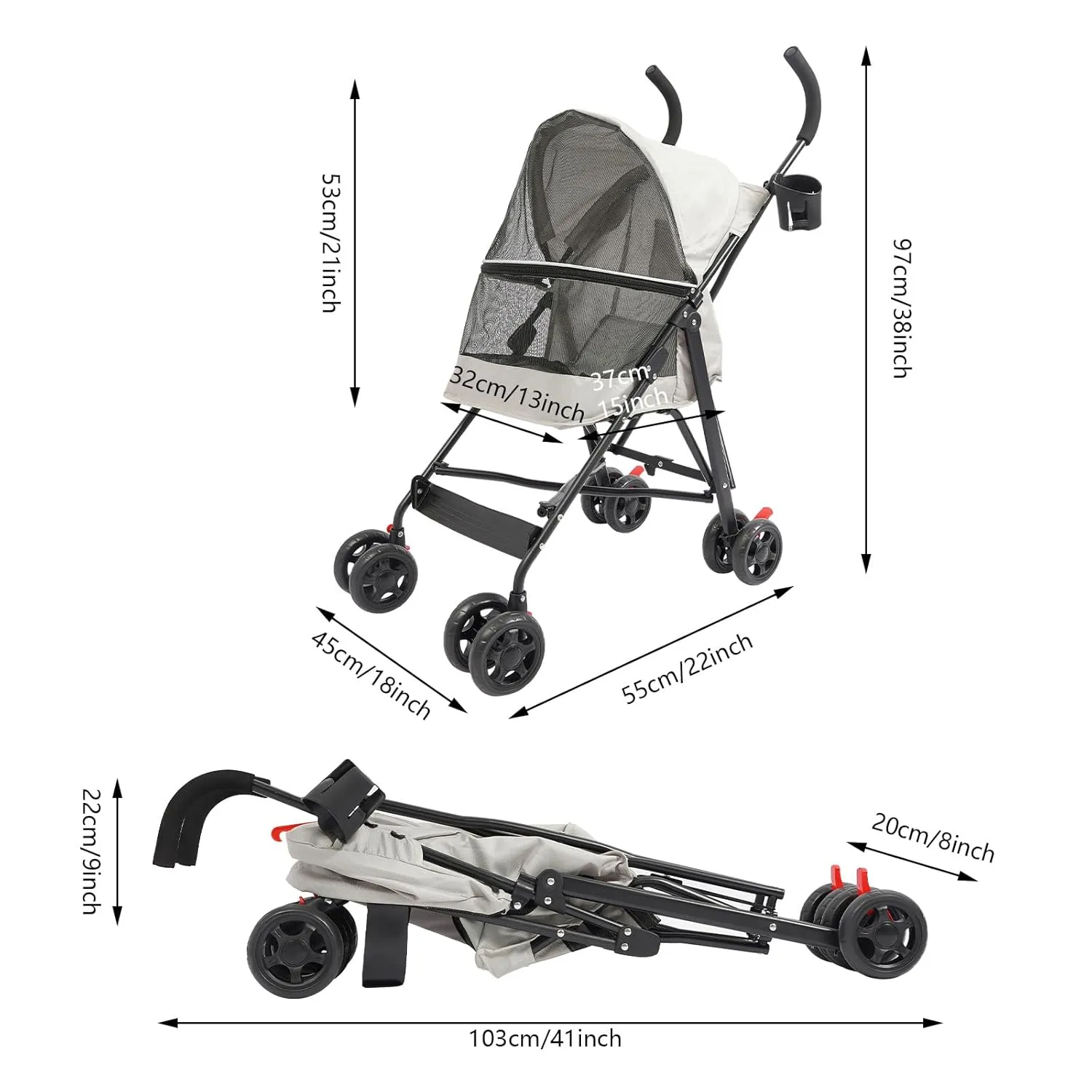Pet Travel Stroller, Pet Stroller with 4 Wheels, Foldable Pet Travel Carrier, Large Wheels for Small & Medium-Sized Dogs Cats Up to 22 lbs, with Cup Holder & Rear Pocket, Easy Fold (Gray)