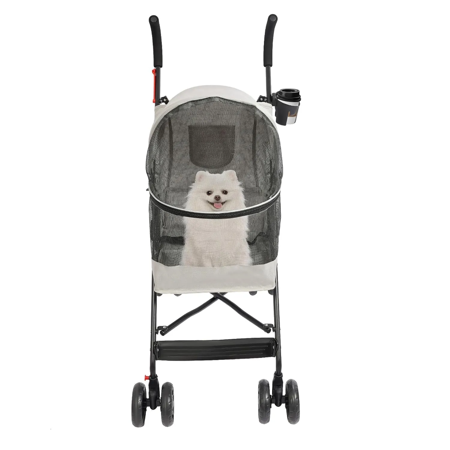 Pet Travel Stroller, Pet Stroller with 4 Wheels, Foldable Pet Travel Carrier, Large Wheels for Small & Medium-Sized Dogs Cats Up to 22 lbs, with Cup Holder & Rear Pocket, Easy Fold (Gray)