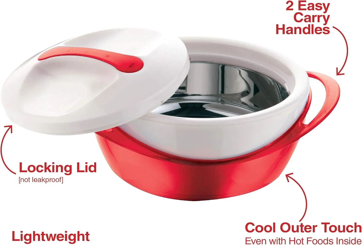 Pinnacle Large Insulated Casserole Dish with Lid 3.6 qt. Elegant Hot Pot Food Warmer/Cooler -Thermal Soup/Salad Serving Bowl Stainless Steel Hot Food ContainerBest Gift Set for Moms Holidays Red