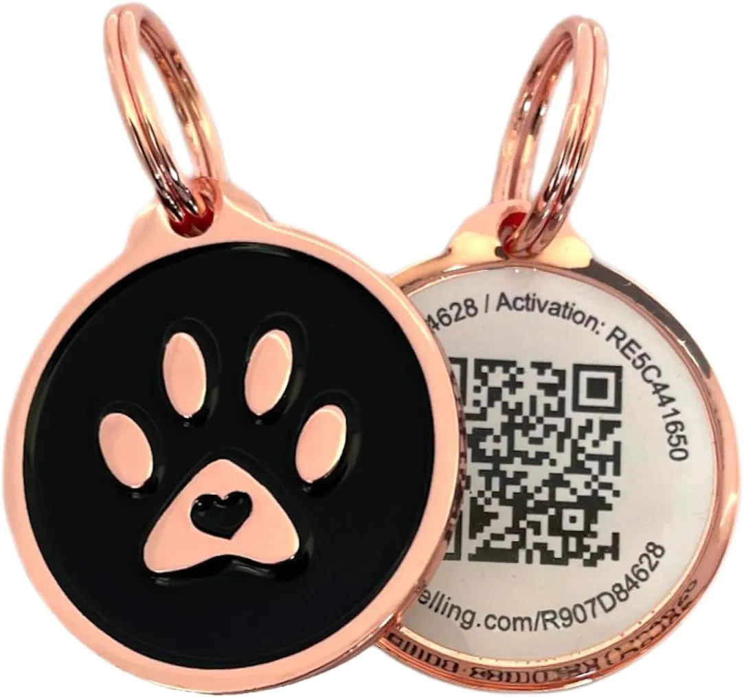 Premium QR Code Pet ID Tags - Dog Tags and Cat Tags, Connect to Online Pet Profile, Receive Instant Scanned Tag Location Email Alert(Rose Gold Black Paw)