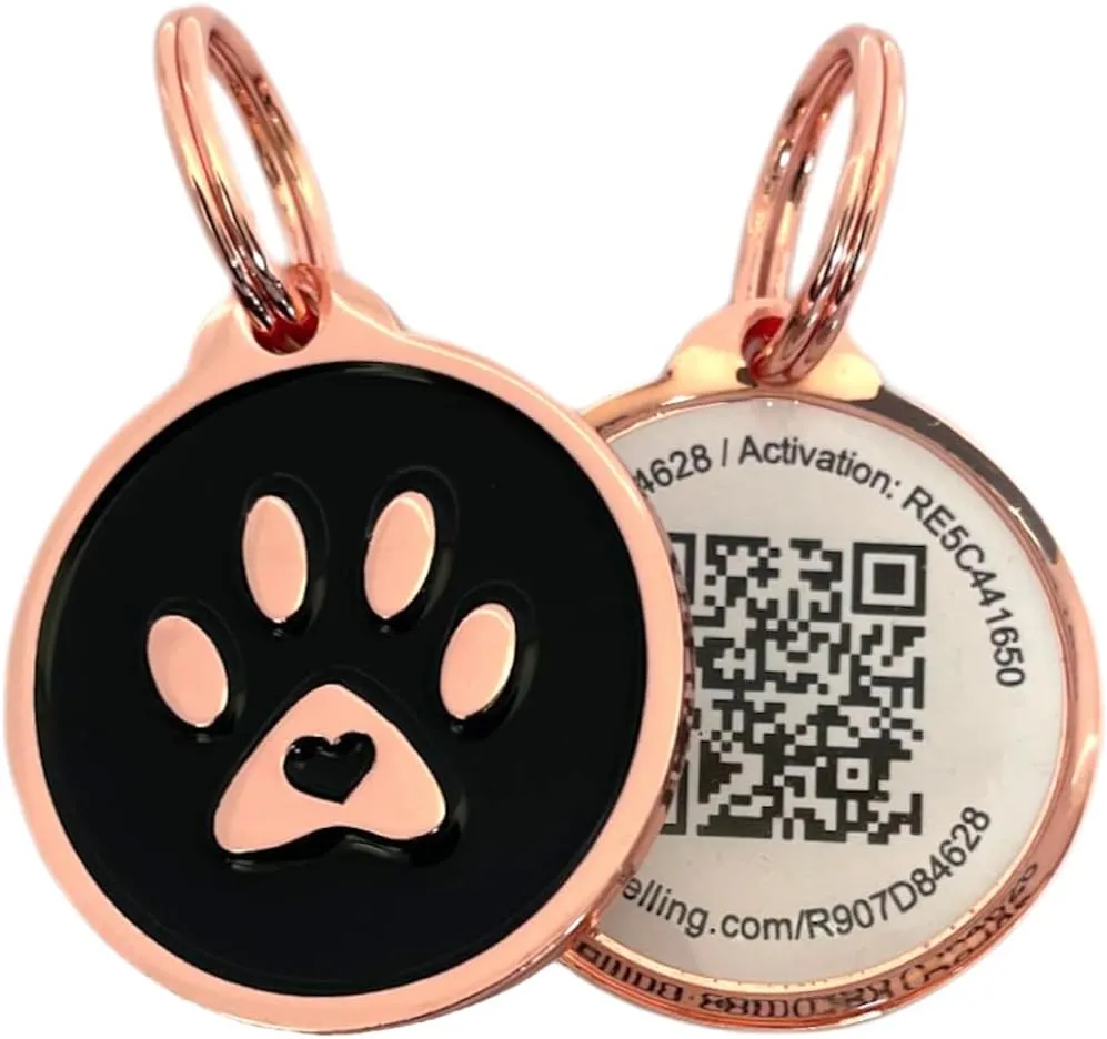 Premium QR Code Pet ID Tags - Dog Tags and Cat Tags, Connect to Online Pet Profile, Receive Instant Scanned Tag Location Email Alert(Rose Gold Black Paw)