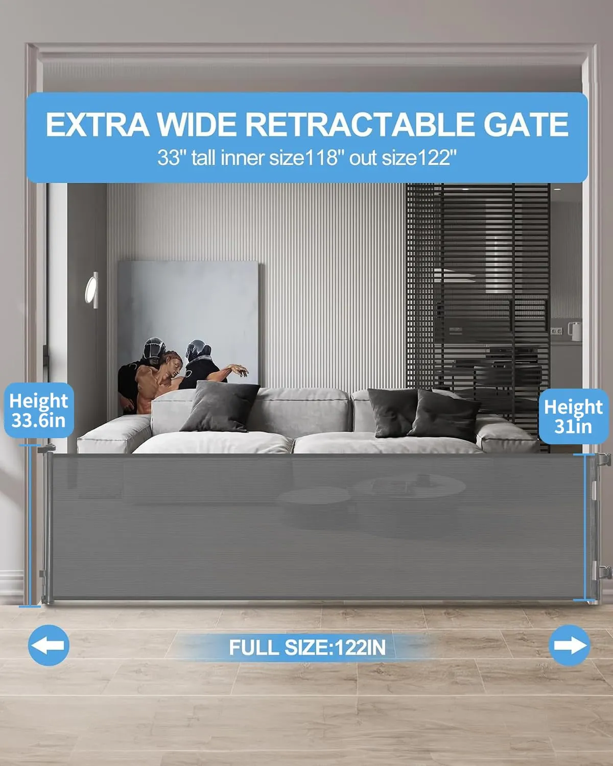 Retractable Baby Gate,Mesh Baby Extra Wide Gate,Extra Long Dog Gate,33" Tall,Large Extends up to 118" Wide,Child Safety Extra Large Gate for Doorways, Stairs, Indoor/OutdoorGrey,33"x118"