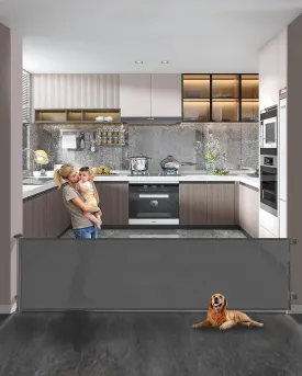 Retractable Baby Gate,Mesh Baby Extra Wide Gate,Extra Long Dog Gate,33" Tall,Large Extends up to 118" Wide,Child Safety Extra Large Gate for Doorways, Stairs, Indoor/OutdoorGrey,33"x118"