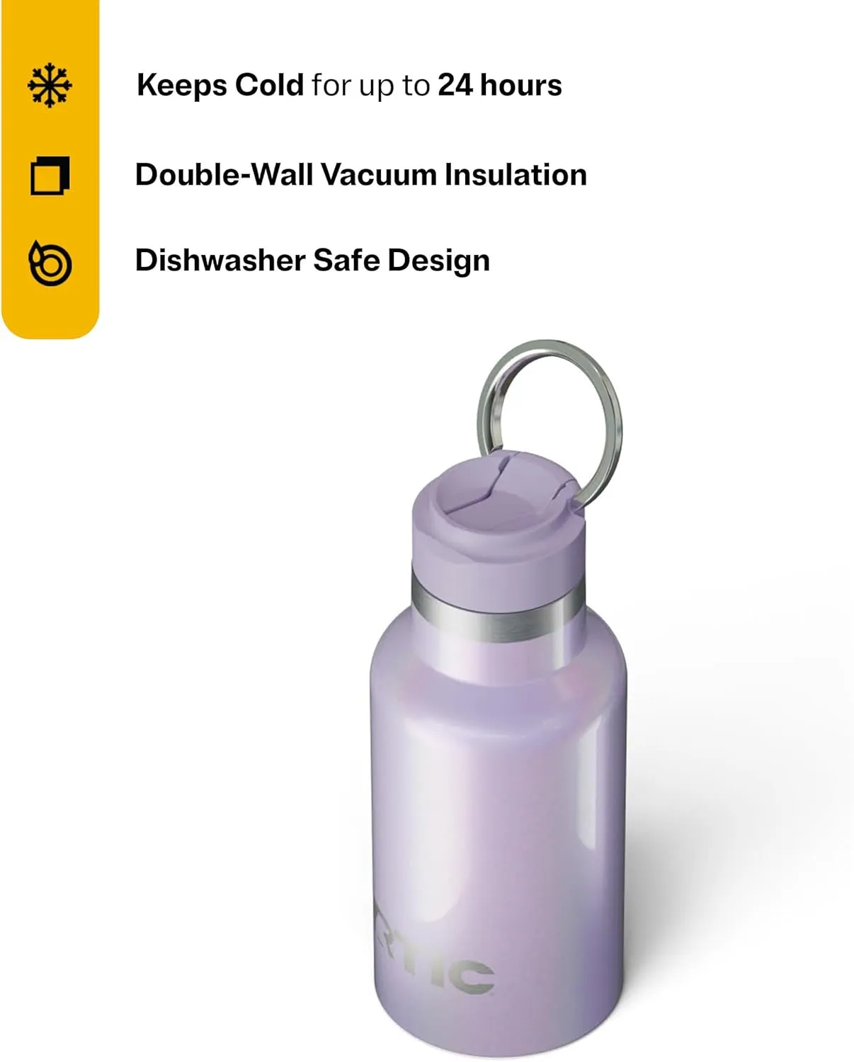 RTIC Little Journey Bottle with Straw, Insulated, Stainless Steel, Metal, Double Wall Vacuum-Insulation, Ceramic-Lined, Leak-Proof Lid, BPA-Free Water Flask for Sports, Travel, Lavender Glitter