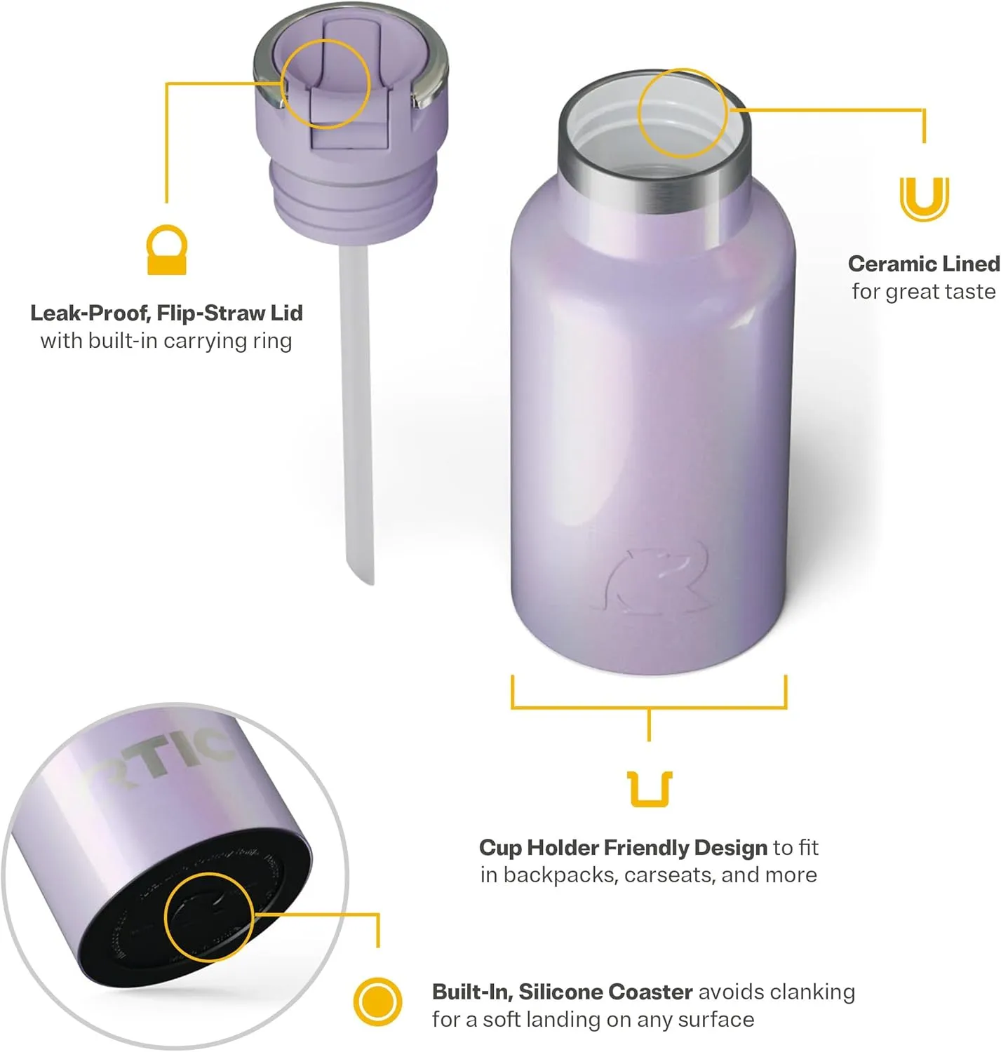 RTIC Little Journey Bottle with Straw, Insulated, Stainless Steel, Metal, Double Wall Vacuum-Insulation, Ceramic-Lined, Leak-Proof Lid, BPA-Free Water Flask for Sports, Travel, Lavender Glitter