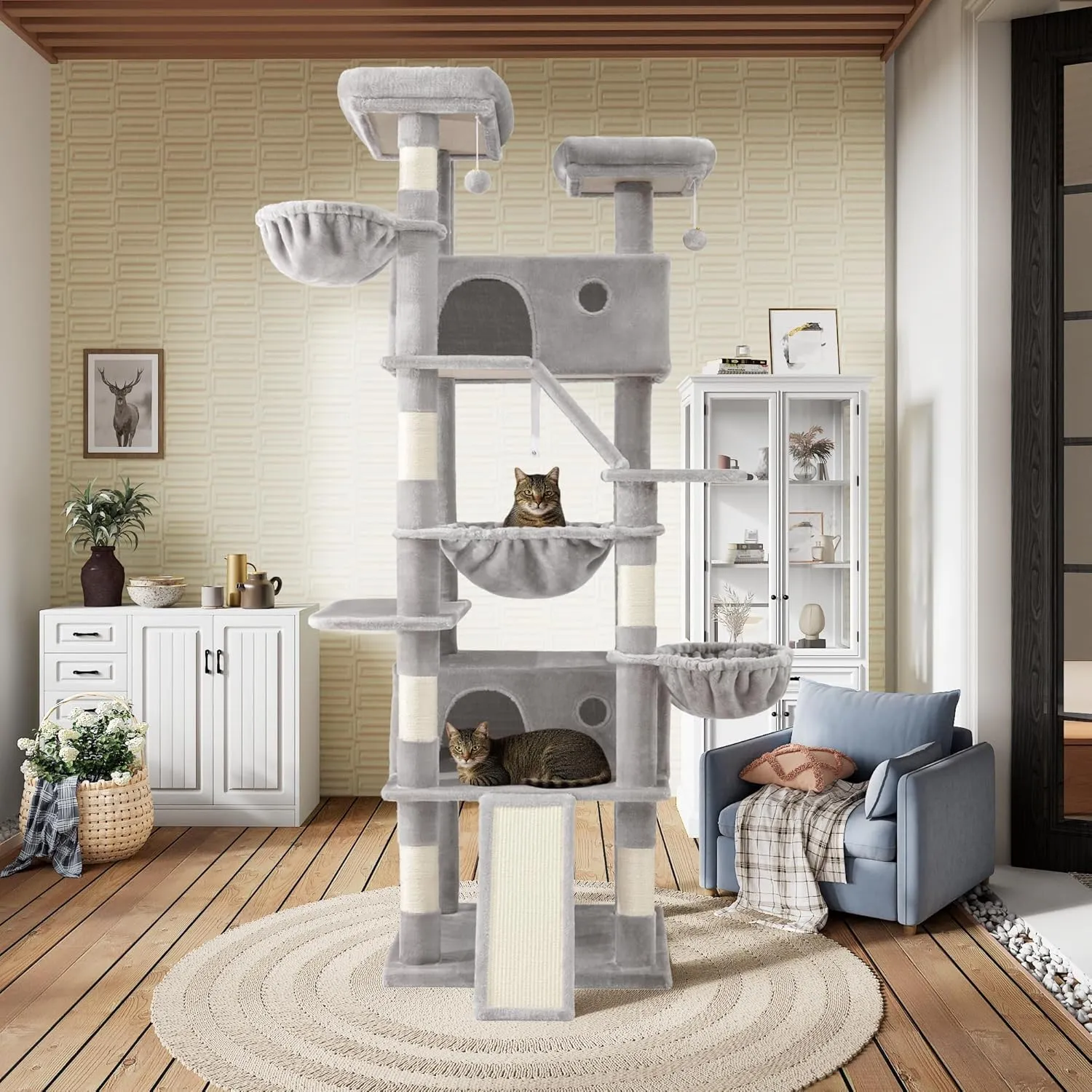 SHA CERLIN 81in Multi-Level Tall Cat Tree Tower for Indoor Kitties/Larger Cat Condo Furniture with Hammock/Cozy Pussycat Perches/Sisal Scratching Posts/Pet House/Wide Base/Grey