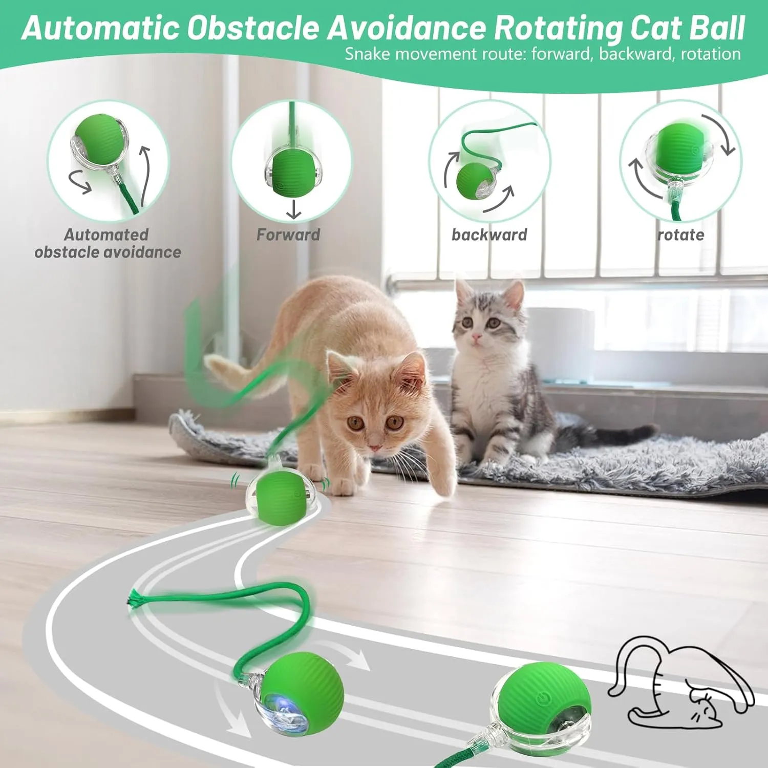 Smart Interactive Cat Toy - Automatic Moving Ball with 3 Modes, Motion Activated Self-Rolling with Long Tail & LED - Enrichment for Bored Indoor Cats (Green)