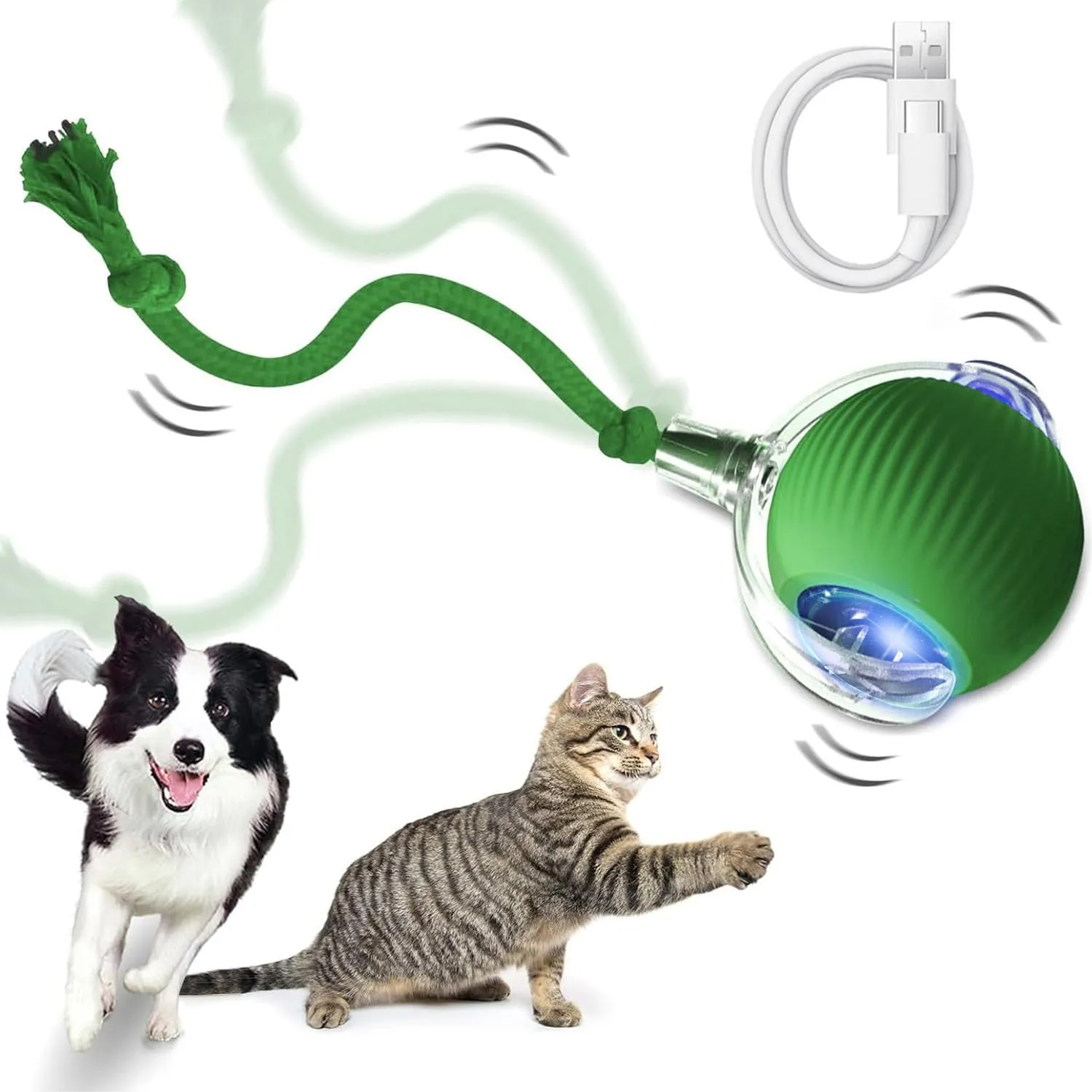 Smart Interactive Cat Toy - Automatic Moving Ball with 3 Modes, Motion Activated Self-Rolling with Long Tail & LED - Enrichment for Bored Indoor Cats (Green)