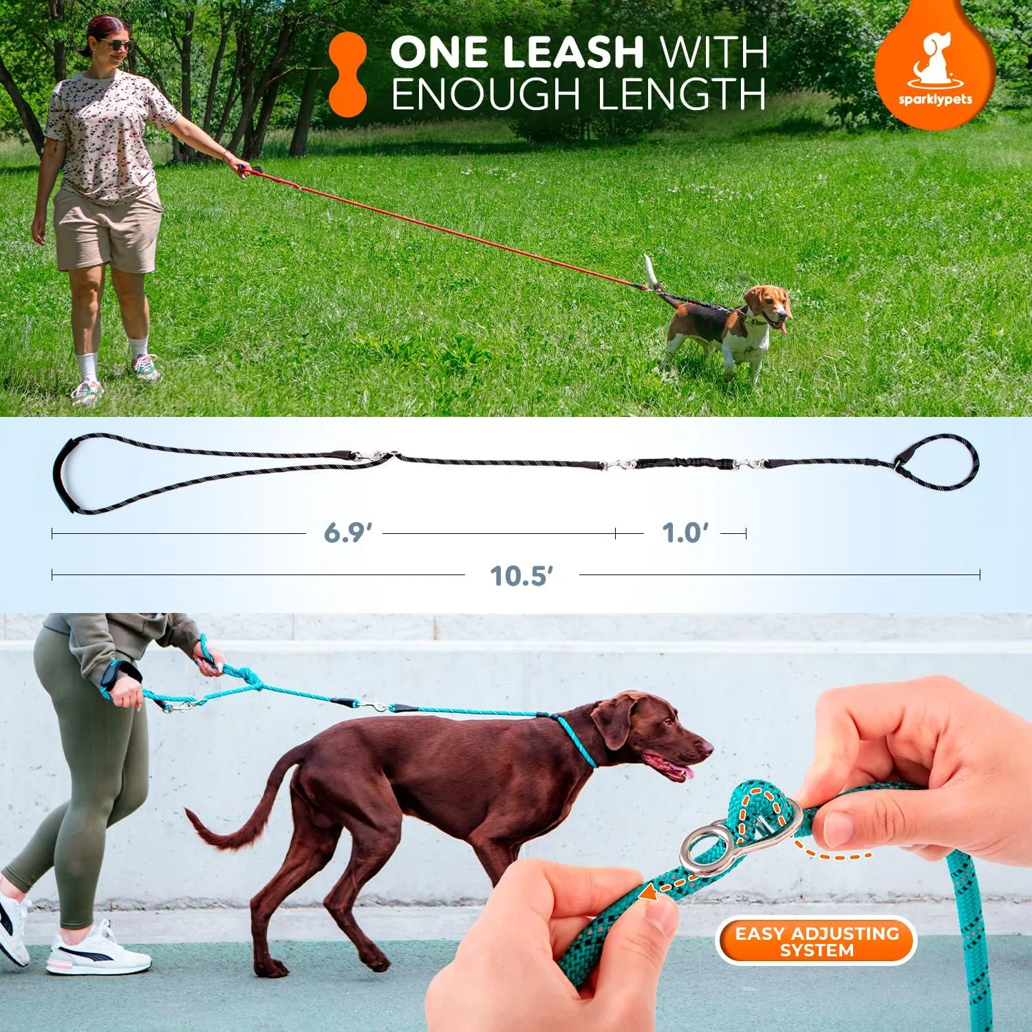 SparklyPets Multifunctional Bungee Hands Free Leash with Detachable Slip Lead  Crossbody & Waist Leash for Dog Walking, Medium & Large Breeds (Red)