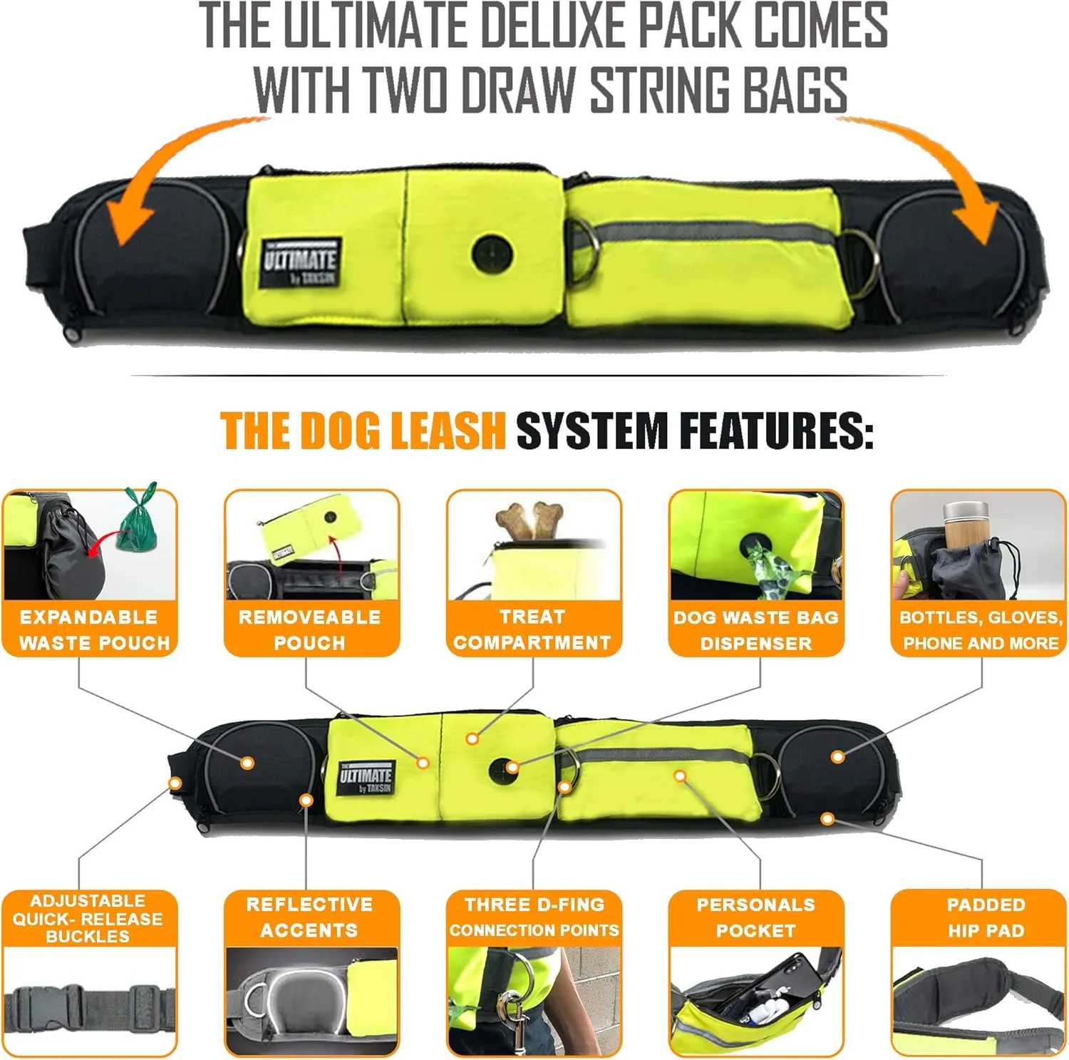 TAKSIN The Ultimate Hands Free Dog Leash for Walking Running Hiking Training, Reflective Bungee Leash, Treat Holder, Poop Bag Dispenser for Small Medium Large Dogs (Yellow Deluxe Pack)