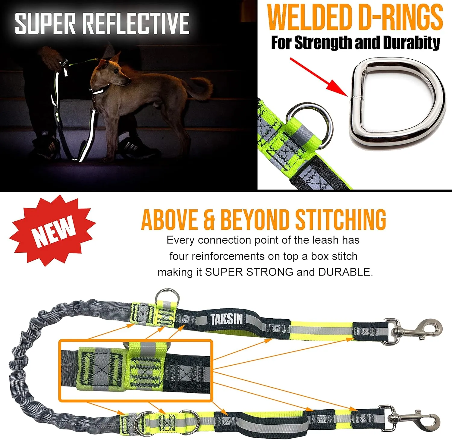 TAKSIN The Ultimate Hands Free Dog Leash for Walking Running Hiking Training, Reflective Bungee Leash, Treat Holder, Poop Bag Dispenser for Small Medium Large Dogs (Yellow Deluxe Pack)