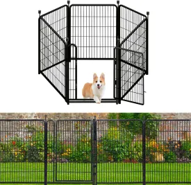 Tall Garden Fences and Borders for Dogs, 4.6ft High Dog Fence, 6 Panels Total 13.3 Ft Long, Gate 21 inches Wide with Low Sills. Modular Fencing, Dog Fence Outdoor for Yard