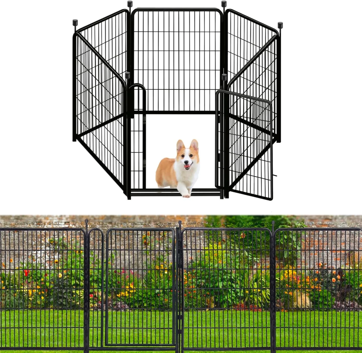 Tall Garden Fences and Borders for Dogs, 4.6ft High Dog Fence, 6 Panels Total 13.3 Ft Long, Gate 21 inches Wide with Low Sills. Modular Fencing, Dog Fence Outdoor for Yard